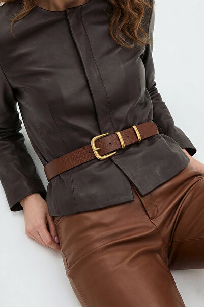 Double Gold Brown Slim Women's Belt with Bridge 2.5 cm
