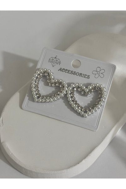 modamira Gümüş Renk | İnci ve Taş Detaylı | Kalp Küpe | Boy:2,5cm-En:3cm