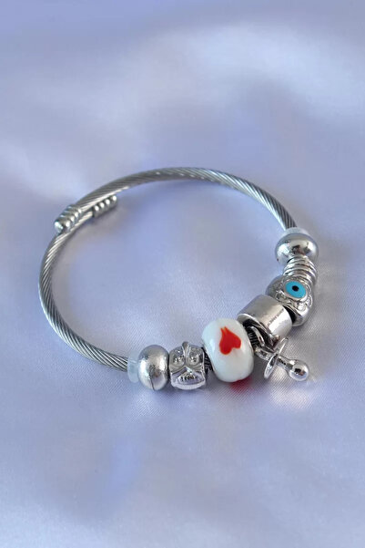 Skygo Heart and Evil Eye Bead Detailed Charm Women's Bracelet - TJ-BB5249
