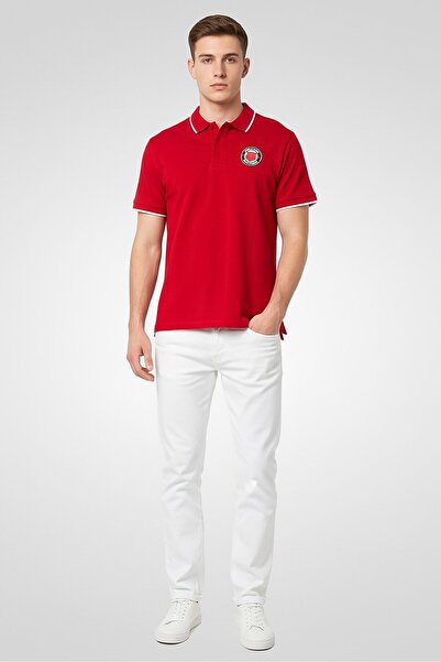 Cavalli Class Men Regular Fit Short Sleeve Brand Logo Polo Shirt, Red