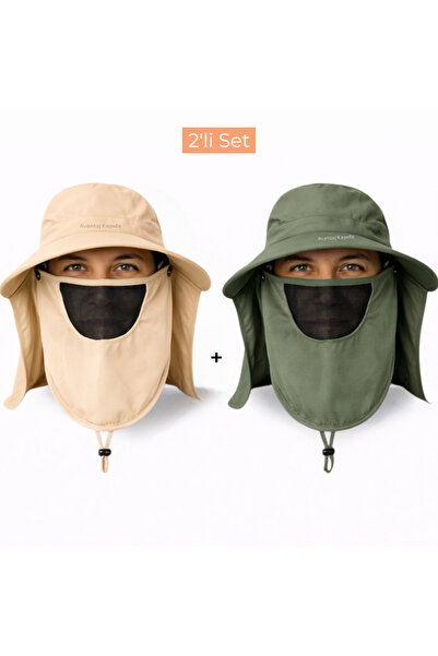 Mustran 2'li Set UV Korumalı Sök Tak Maskeli Unisex Enseli Güneş Şapkası Outd...