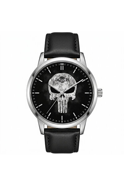 DUTCH STORE The Punisher Watch – Black Leather and Elegant Silver Bezel