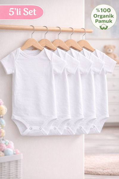 vieso 5'li %100 Organik Pamuk Kısa Kollu Zarf Yaka Bebek Body Zıbın Çıtçıtlı ...