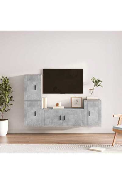 Concept Set dulap TV, 4 piese, gri beton, lemn prelucrat