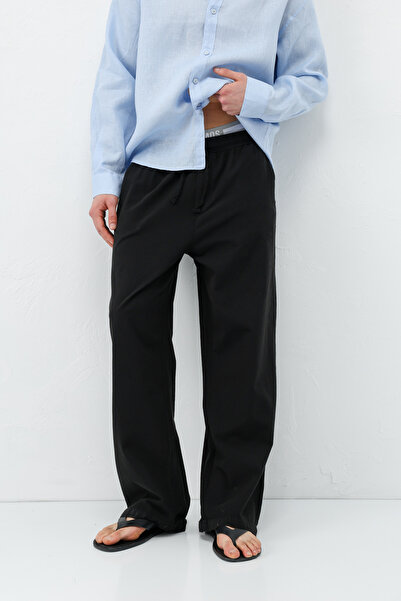 VAMOSCLO Bel Lastikli Baggy Fit Keten Pantolon Siyah