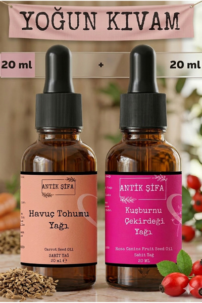 Antik Şifa Havuç Tohumu Yağı ve Kuşburnu Çekirdeği Yağı 2 x 20 ml - %100 Soğu...