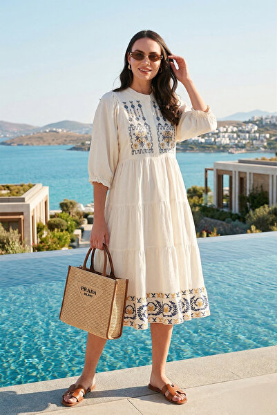 Lela Βαμβακερό κέντημα Κεντημένο κανονική εφαρμογή Φόρεμα με μανίκια τριών τε...