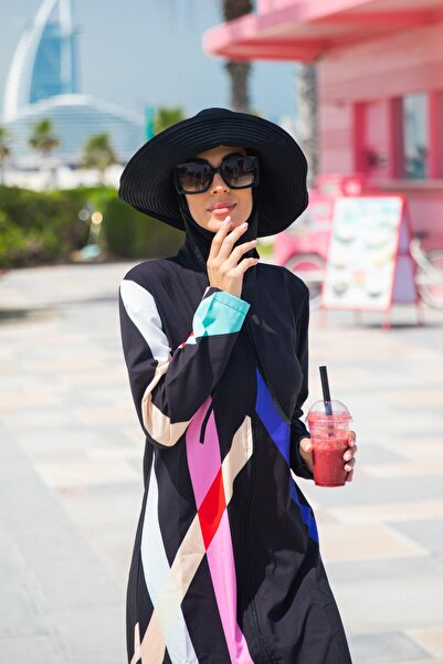 Marina Paraşüt Geometrik Siyah Tam Kapalı Tesettür Mayo M2310