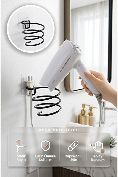 Alper Banyo Güçlü Yapışkanlı Siyah Fön Makinesi Askısı Saç Kurutma Makinesi T...