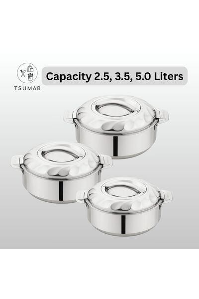 TSUMAB Double Wall Stainless Steel Hot Pot Casserole Set – 3 Pieces (1L, 1.5L...