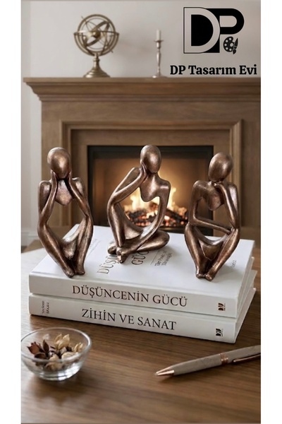 DP Tasarım Evi Üçlü Soyut Düşünen Adamlar Biblo Seti - Bronz Dekoratif Obje (...