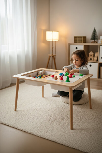 ROZİTOYS Montessori Çocuk Ahşap Oyun Etkinlik Çalışma Masası, 2 Saklama Alanlı