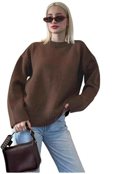 MODASPARK Pulover de damă supradimensionat cu gât roșu maro