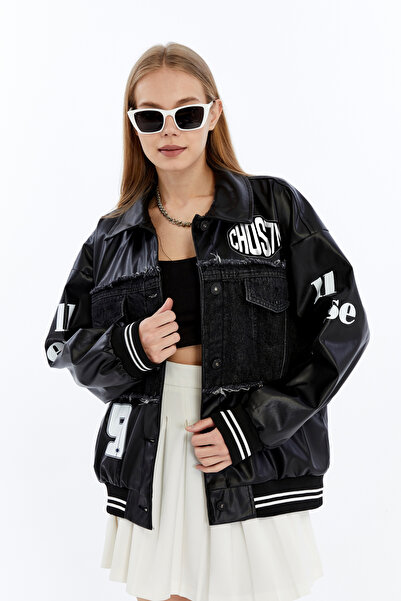 CHOS7N Жіночий оверсайз шкіряний та джинсовий комбінований принтований коледж...