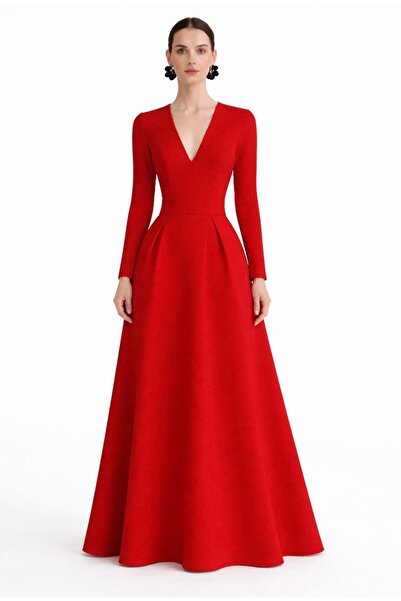 ALYEL NAKER فستان طويل من الكريب بأكمام طويلة وتنورة دائرية كاملة