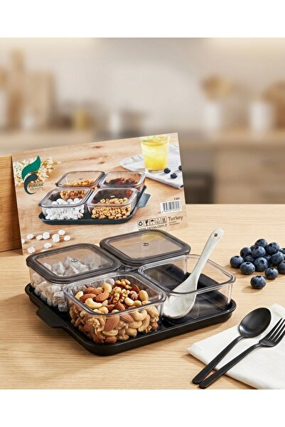 SELÇUK Modern 4'lü Siyah Standlı Kapaklı Lüks Sosluk & Atıştırmalık Sunum Seti