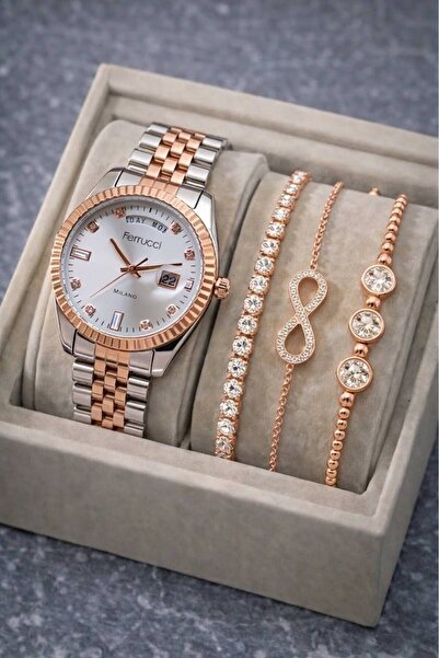 Ferrucci Brand Rose Silver Color Steel Cord Women's Wristwatch - Bracelet Gift