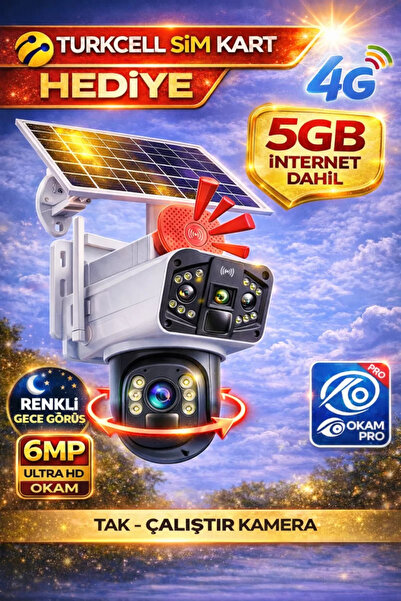 O-KAM 3915 4G 6MP Dual Lens Güneş Panelli Solar Sirenli Güvenlik Kamerası Tur...