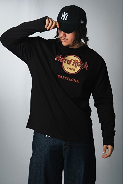 UKHWD SUPPLY تي شيرت رجالي أسود بأكمام طويلة من هارد روك كافيه برشلونة