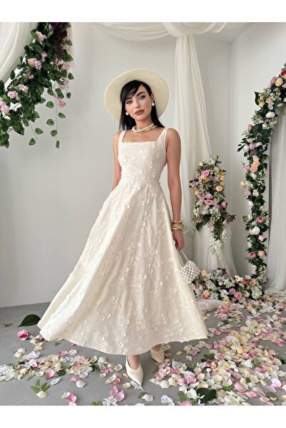 Miss Beyoğlu Cinderella British Beige Fabric Pink Floral Embroidered Strap Lo...