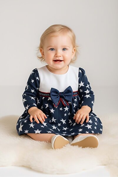 Mnk Baby&Kids فستان يومي للفتيات الصغيرات بنمط نجمة M00769 أزرق داكن