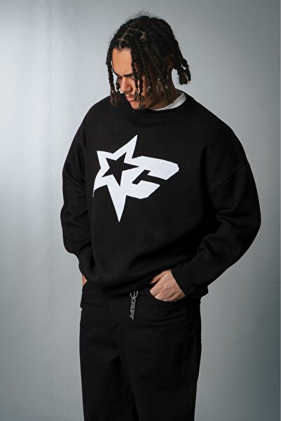 Crupt Studio سترة تريكو رجالية سوداء من ستارفال بوكسي