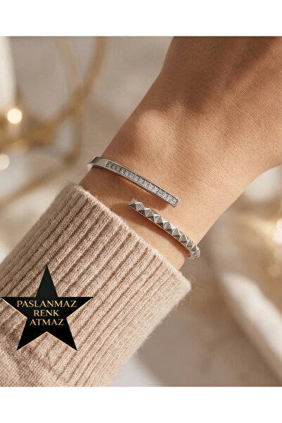 stainless steell Stone Detailed Steel Bracelet Handcuffs Medium Size (65 mm)