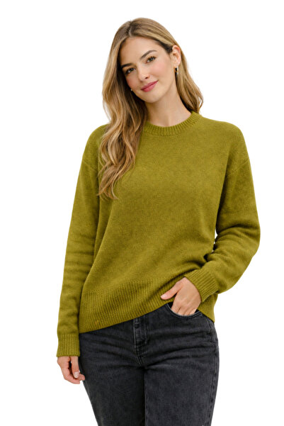 MODASPARK Pulover tricotat pentru femei, verde ulei, cu guler rotund, supradi...