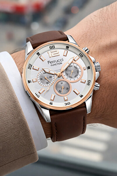 Ferrucci Bitter Brown Color, Leather Cord, Function Men's Wrist Watch+Bracele...