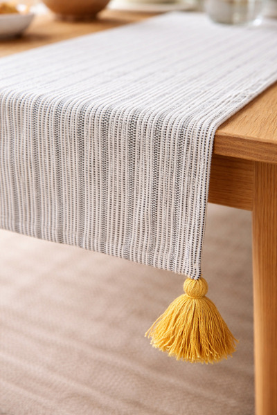 Black Striped Mustard Tassel Runner 70% Cotton 30% Polyester Tablecloth | Modern Decorative Table Runner
