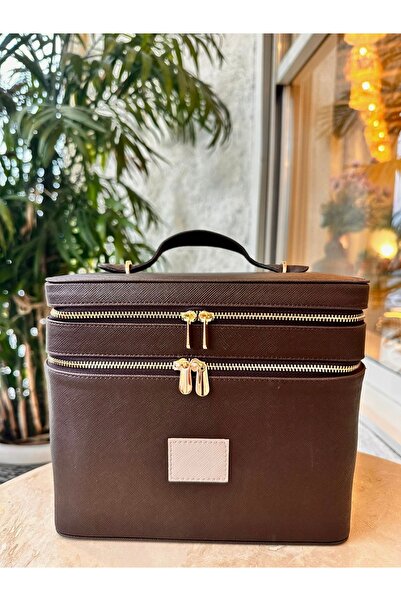 Charmist Kahverengi suni deri makyaj ve takı çantası organizer box