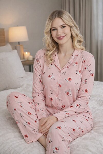 Pemilo طقم بيجامة نسائي 2043-6 بأكمام طويلة وأزرار أمامية بامبو قماش قابل للتمدد