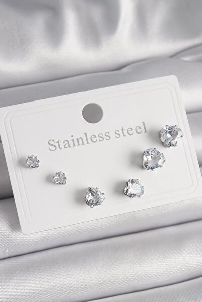 Skygo طقم أقراط نسائية من الفولاذ الفضي اللون 316L بحجر الزركون على شكل قلب -...