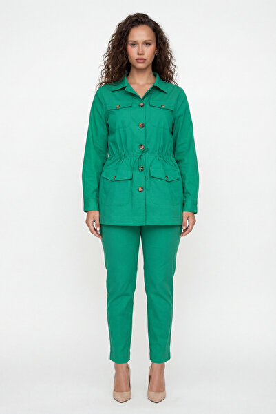 EXİTLİNE Women's green summer elastic waist belted button-up Top and Bottom Set