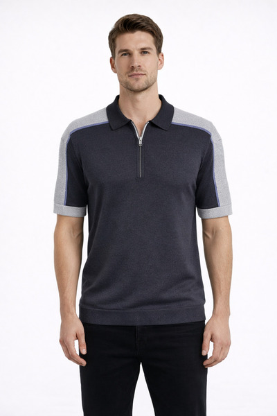 Neden Tekstil Men's Color Block Knitwear Sweater with Polo Collar and Half Zi...