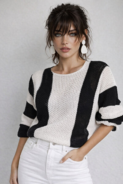 Be Best Pulover tricotat pentru femei ecru-negru tricotaj cu aspect dantelat ...