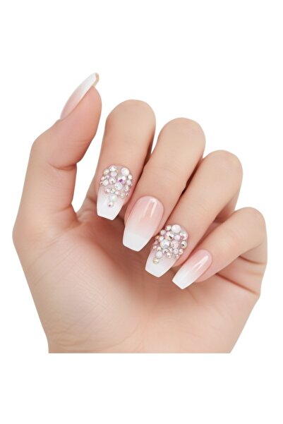 EDA LUXURY BEAUTY 24'lü Doğal Pembe Ombre French Takma Tırnak Lüks 3d Kristal...