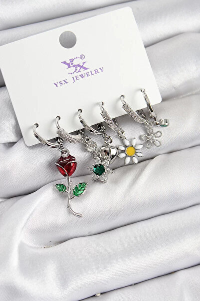 Skygo أقراط نحاسية من حجر الزركون والورد والبابونج موديل فضي اللون مكونة من 3...