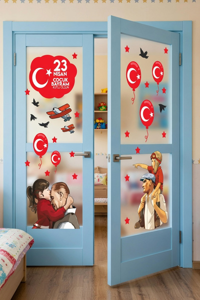 Kt Grup 23 Nisan Çocuk Bayramı Çift Taraflı Cam Kapı Duvar Sticker Seti