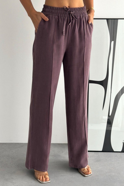 Mogi Butik Lace-Up Elastic Waist Striped Palazzo Gabardine Women's Trousers 3...