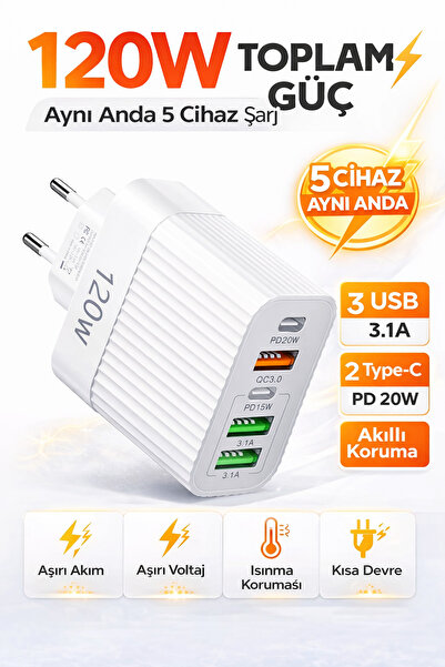 Yellowtech 120w Turbo Çoklu Hızlı Şarj Adaptörü | 3 Usb 2 Pd 20w | 5 Cihaz Ay...