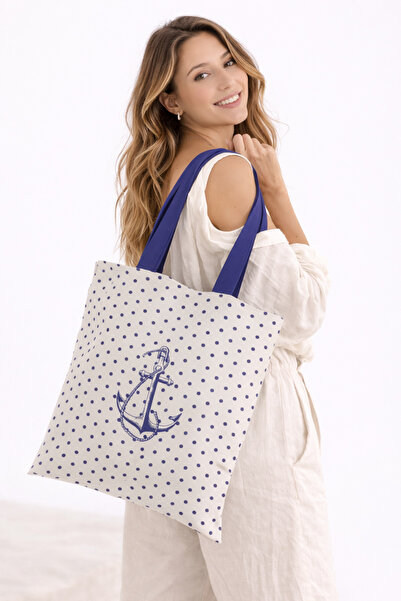 AYSHOME Плажна чанта с цип от плат Ays Home Anchor с екрю шарка и точки, коят...