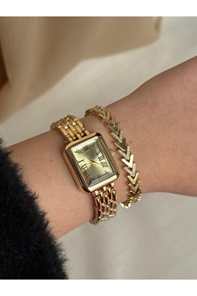 D&Z ACCESSORİES 2'li Takı Seti | Gold Kadranlı Çelik Kasa Zarif Saat & Gold R...