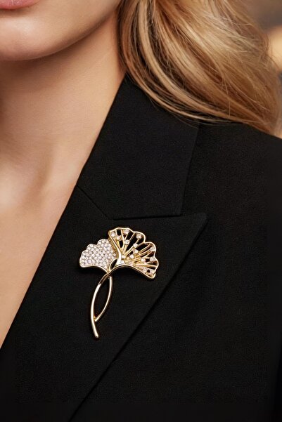model aksesuar Zarif Ginkgo Yaprağı Zirkon Taşlı Broş