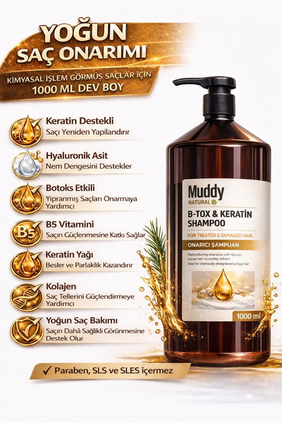 Muddy Restorative Shampoo for Overworked Hair with B-Tox-Keratin-Hyaluronic A...