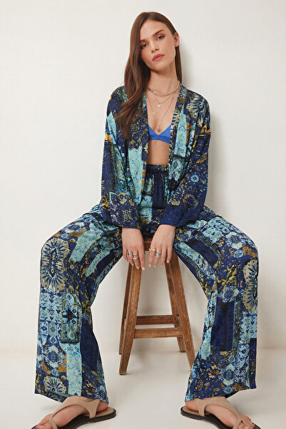 Lovelyİstanbul Patterned Summer Viscose Kimono Pants Set Lrn0013 Blue Yellow
