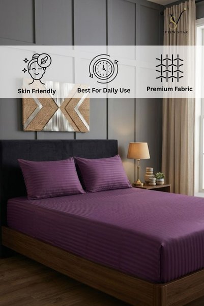 View star 3-Piece Striped Fitted Purple Bed Sheet Set with 2 Pillowcases, Soft Breathable Bedding