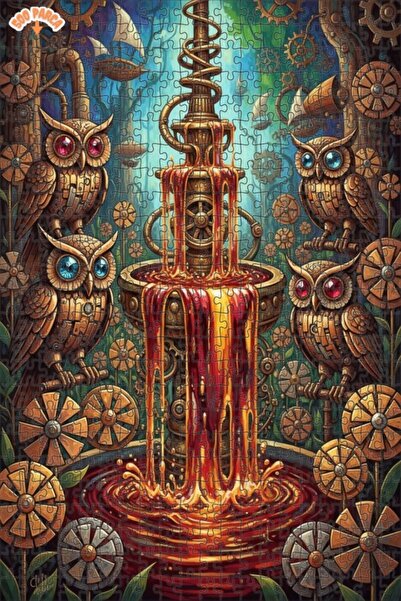 Esranın Dünyası Steamy Owl Fountain Oil Painting Look Wooden Puzzle with Doub...