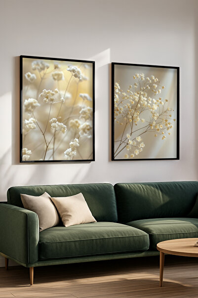 STARYUNA Minimalist White Flower Themed Double Painting Set with Black Wooden...