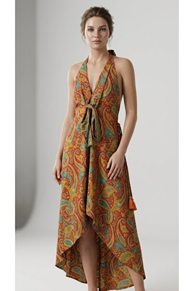 Dervişan İpekçilik %100 Saf İpek Desenli Önü Kısa Arkası Uzun Elbise